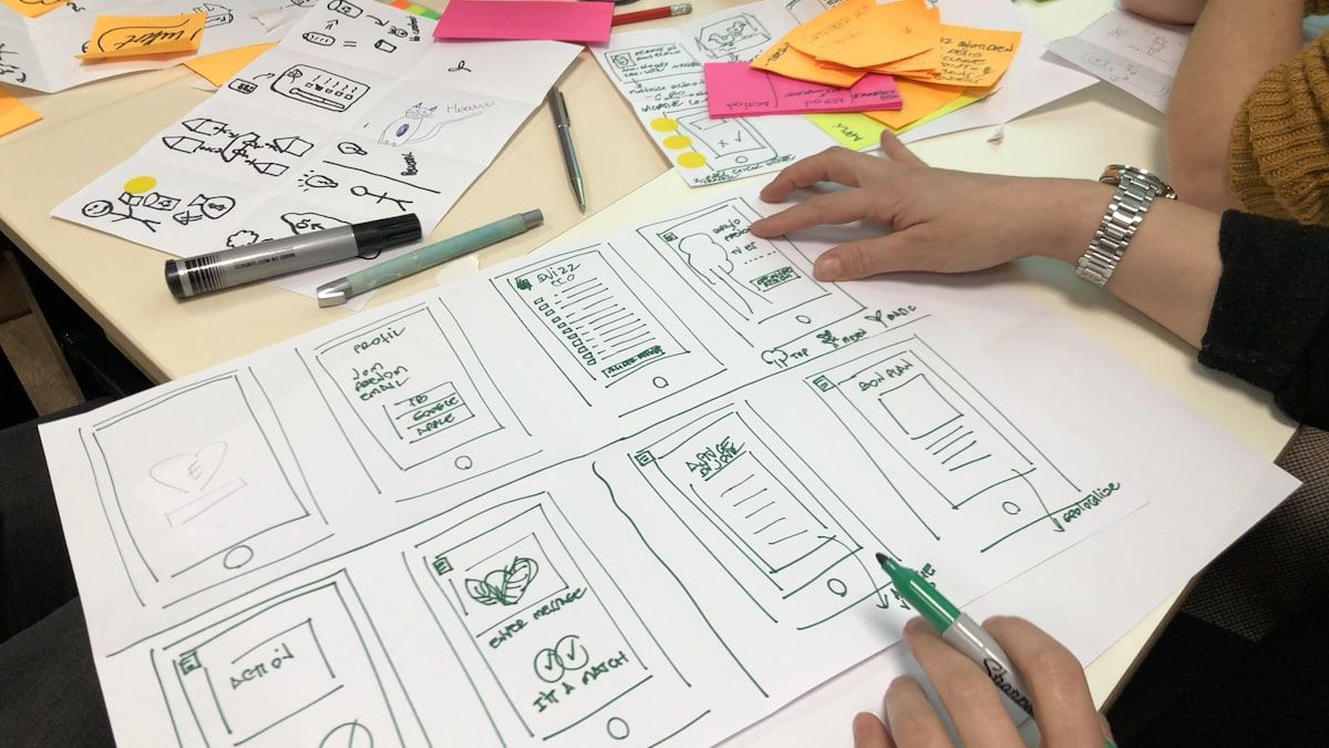 顧客の行動の流れを手描きで並べながらマップを組み立てている手元