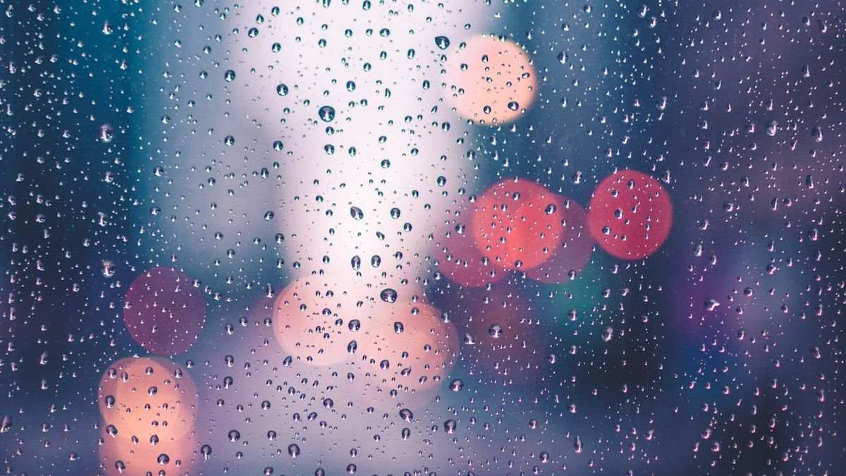 輪郭は伝わるが個人は特定できない——匿名化を象徴する、雨の窓越しの街