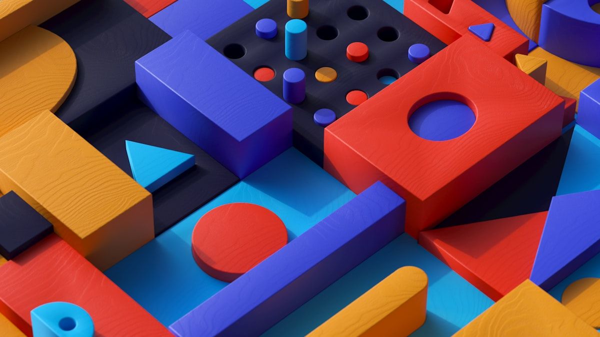 地域×工種×悩みの四層ロングテールを表す、色の異なる立体ブロックの抽象的な3D