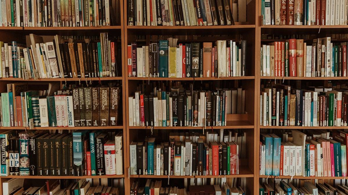 ライティング本を選ぶときに見比べる、木製の書架に並んだ本